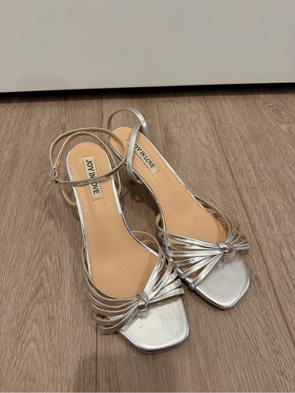 JOY IN LOVE Silver Strappy Knot-Heel Sandals